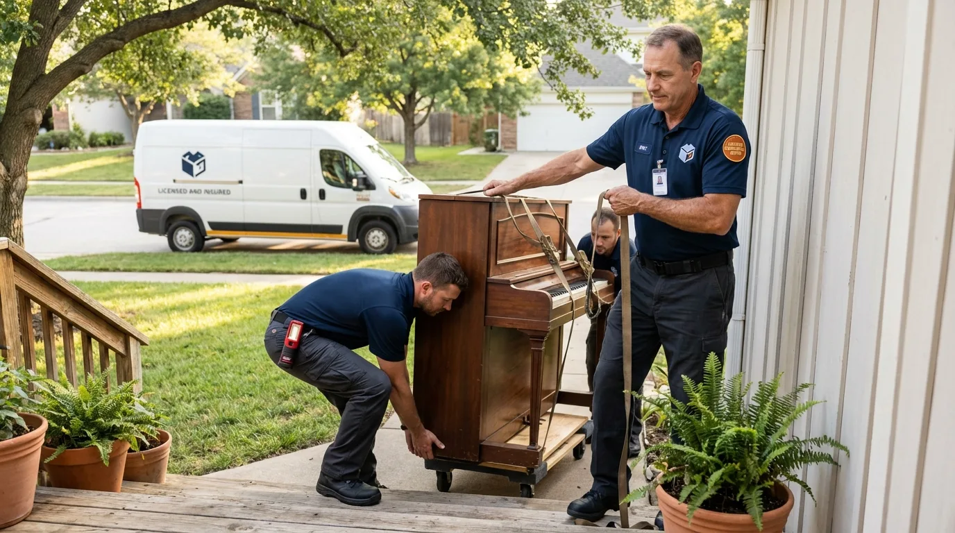 Licensed piano movers securing grand piano in Fruita, CO