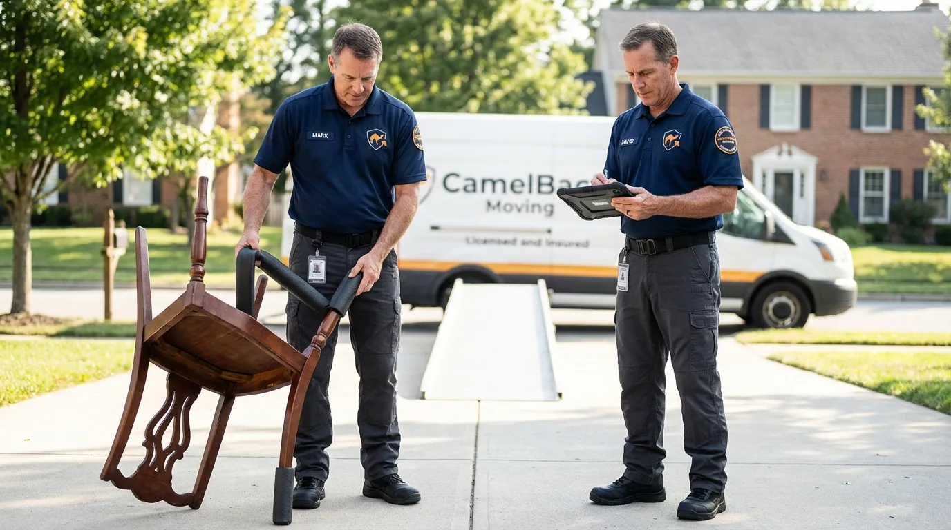Movers inspecting furniture for damage prevention before loading in Fruita, CO