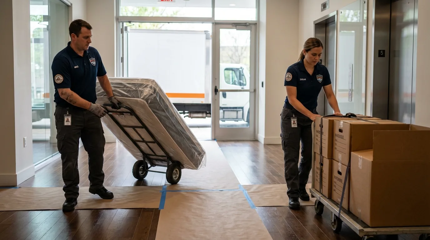 Professional apartment movers loading elevator in Fruita, CO