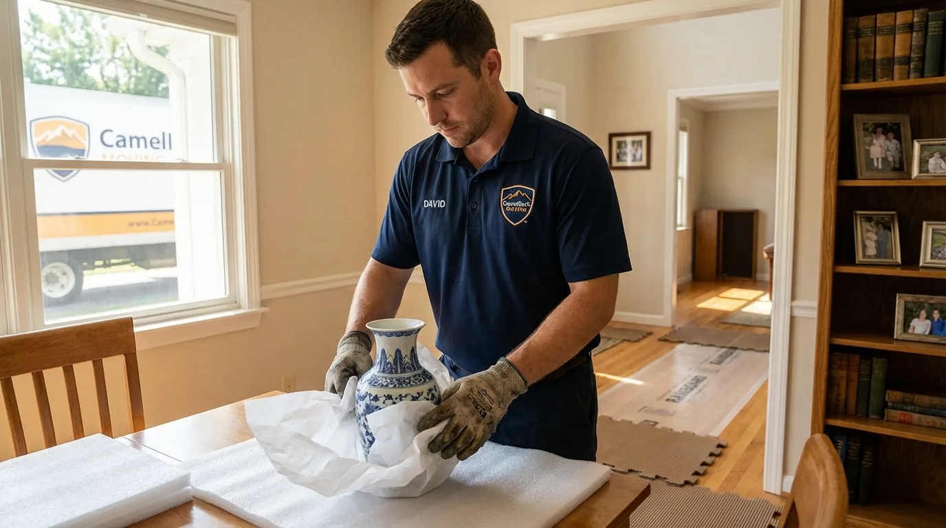 Professional crew carefully wrapping antique vase for senior downsizing move in Fruita, CO